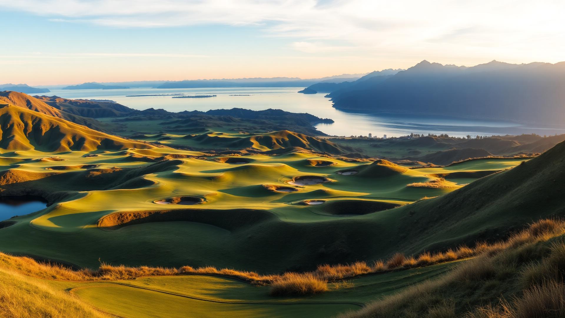 Sweeping golf course at golden hour
